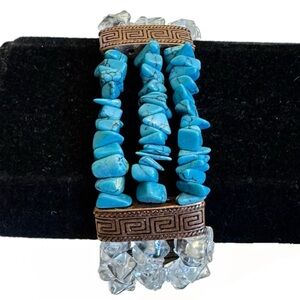 Blue Turquoise Chips and Quartz Multi Strand Stretch Bracelet Toggle Closure VTG